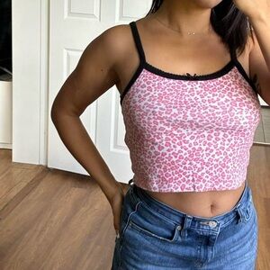 Brandy Melville Pink Leopard Print Crop Tank Top with Black Trim